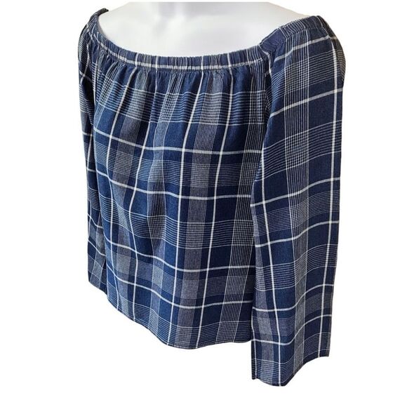 CLOTH & STONE Women's oversized long bell sleeve  blue & white off shoulder top. - Picture 8 of 16